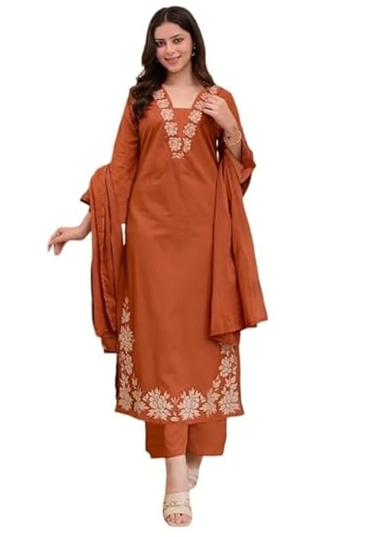 Women Solid Embroidery Kurta and pant set With Dupatta
